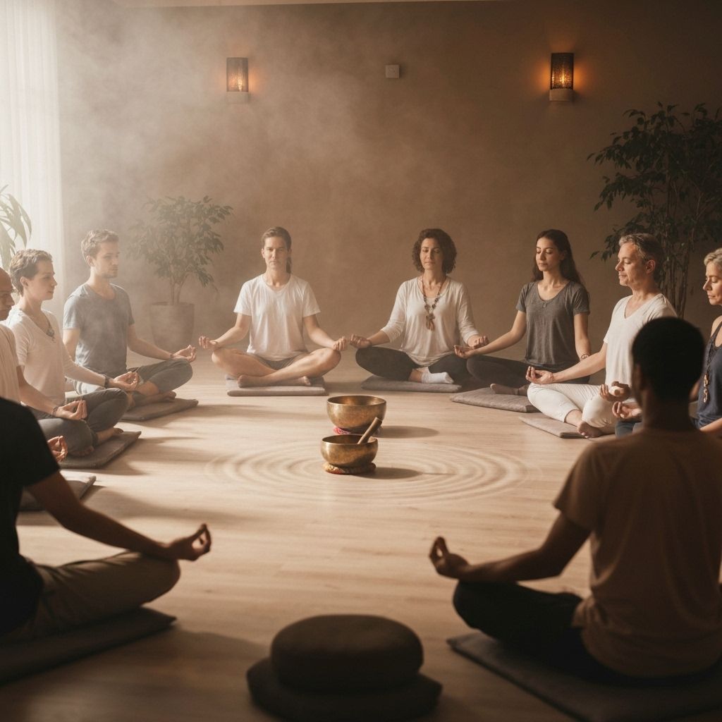 Group meditation session with sound bowl healing